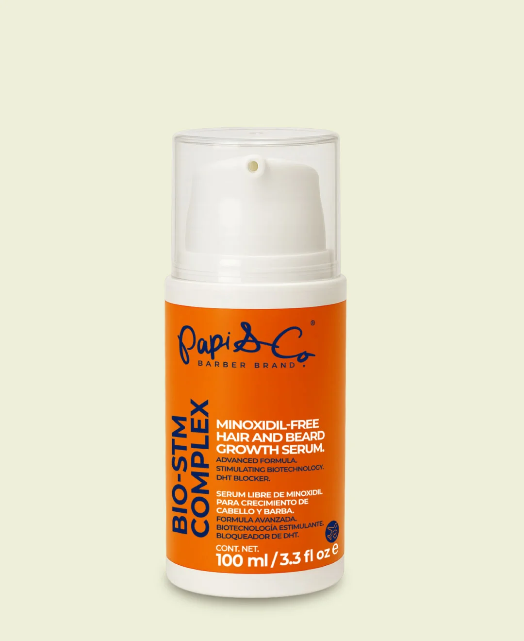 BIO-STM Complex – Suero vegano 100 ml Frasco de BIO-STM Complex 100 ml de Papi & Co, suero vegano sin minoxidil para crecimiento de barba y cabello.